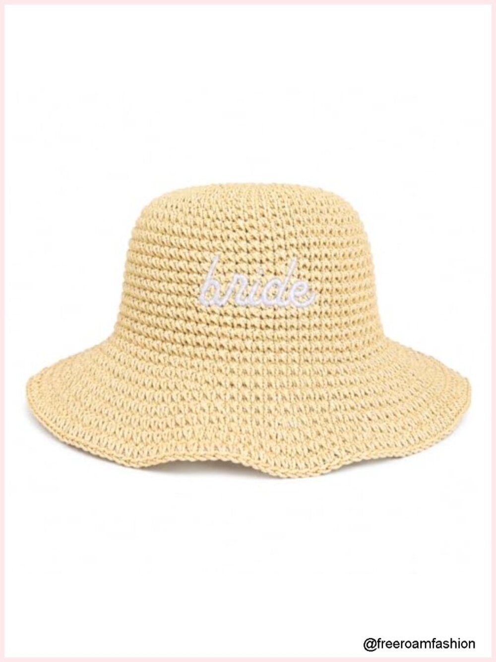 Straw Bucket Hat with Bride Embroidery Adjustable Foldable Beach Hat